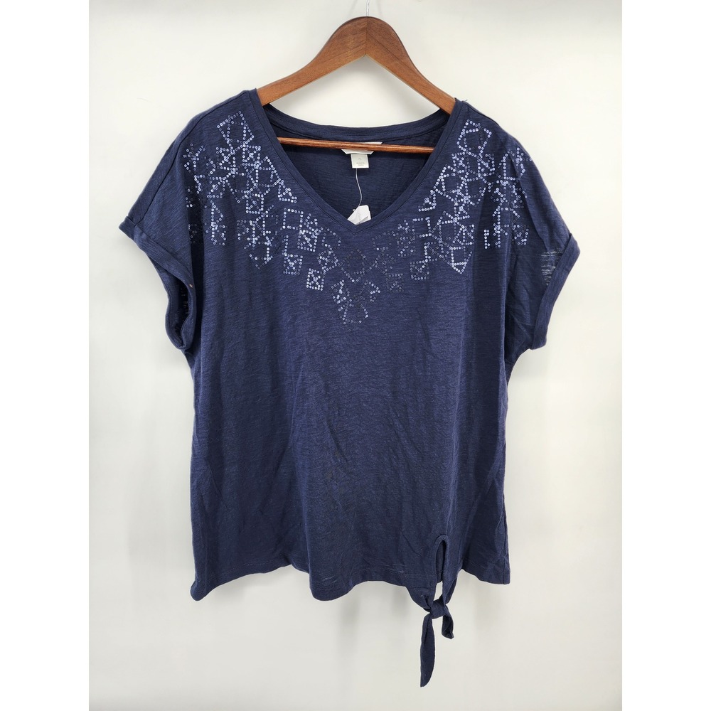 Christopher & Banks Navy Blue Sequin V-Neck Side Tie Slub Cotton Top XL NEW
